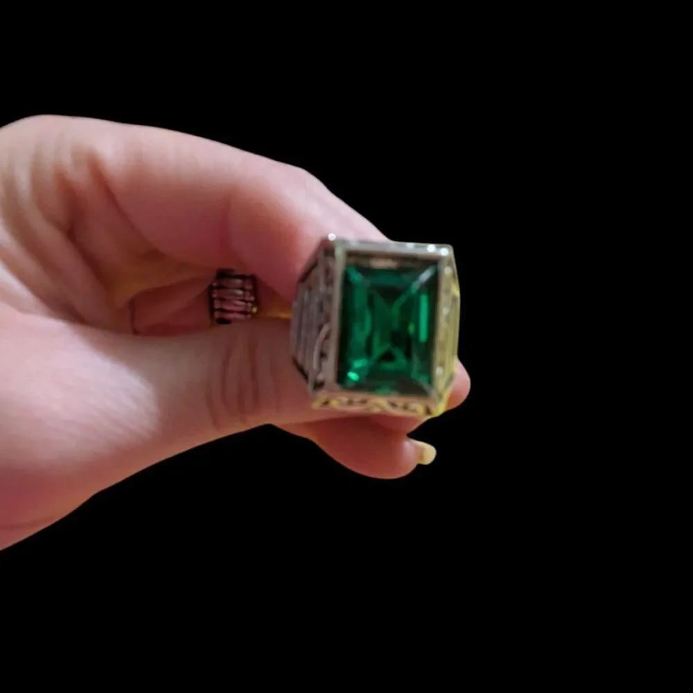 Vintage Men's Emerald Green CZ Statement Signet Ring, Silver Tone Size 10 Ring